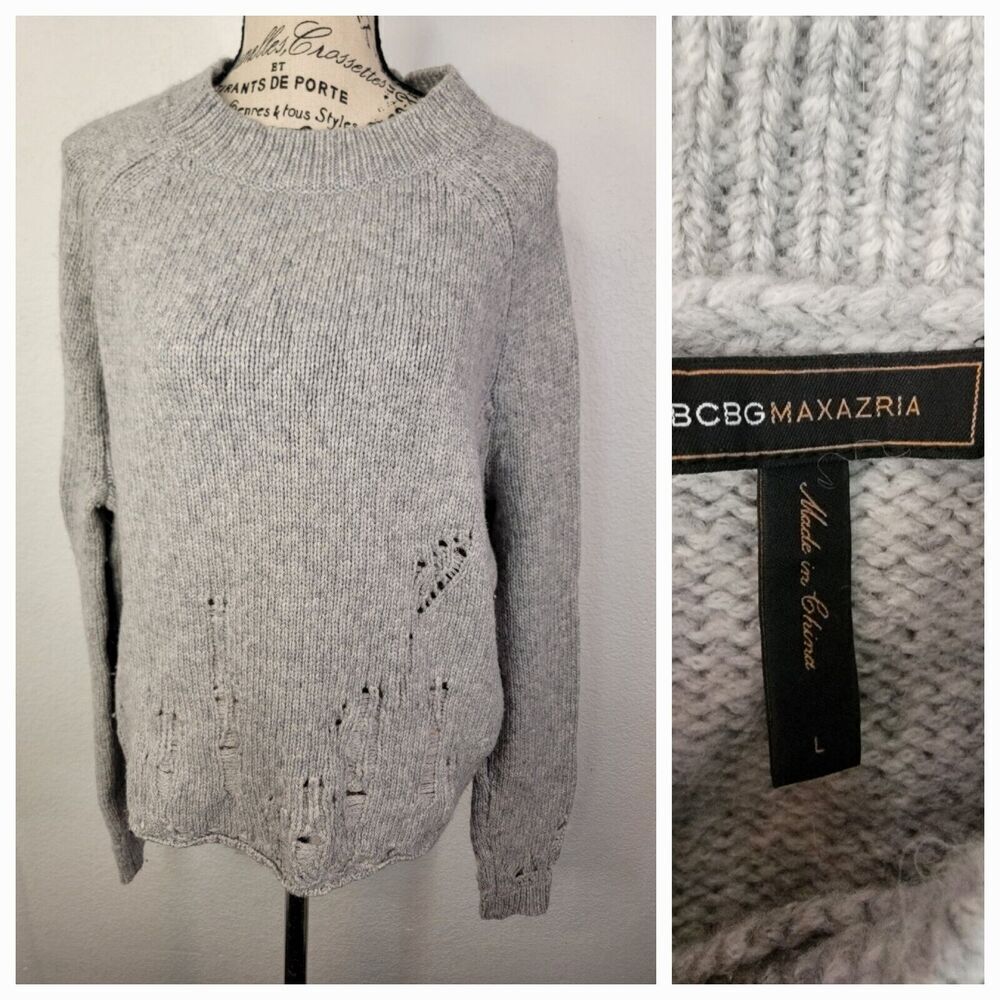 BCBGMaxAzria Sweater Large High Low Distressed Destroy Crochet Wool Alpaca Gray